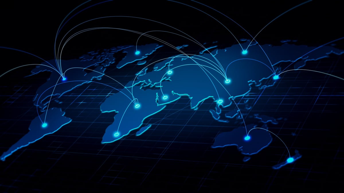 Global business network concept with connected world map illustrating international trade